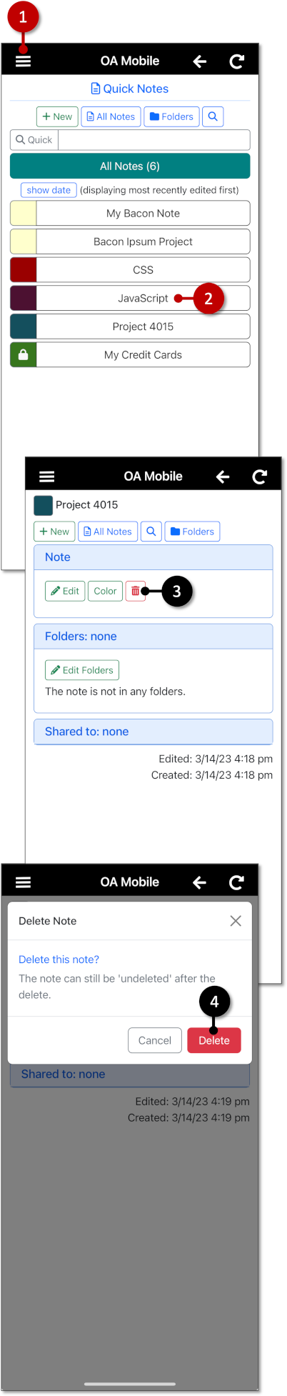 Deleting a QuickNote - OA Mobile