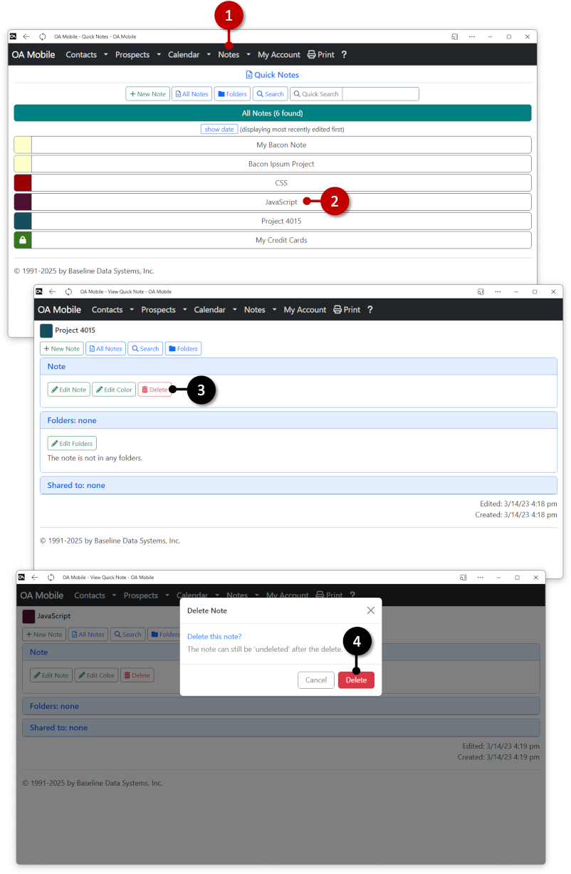 Deleting a QuickNote - OA Mobile