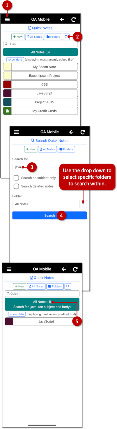 QuickNotes Advanced Search - OA Mobile Notes