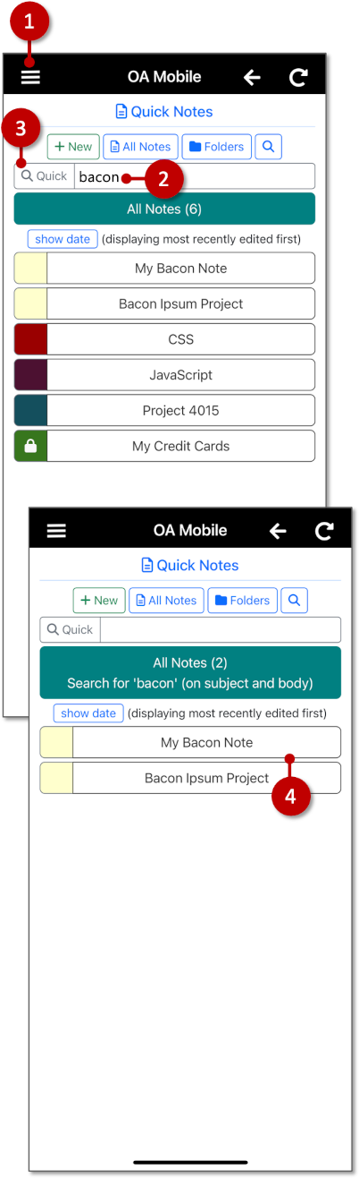 QuickNotes Quick Search - OA Mobile Notes