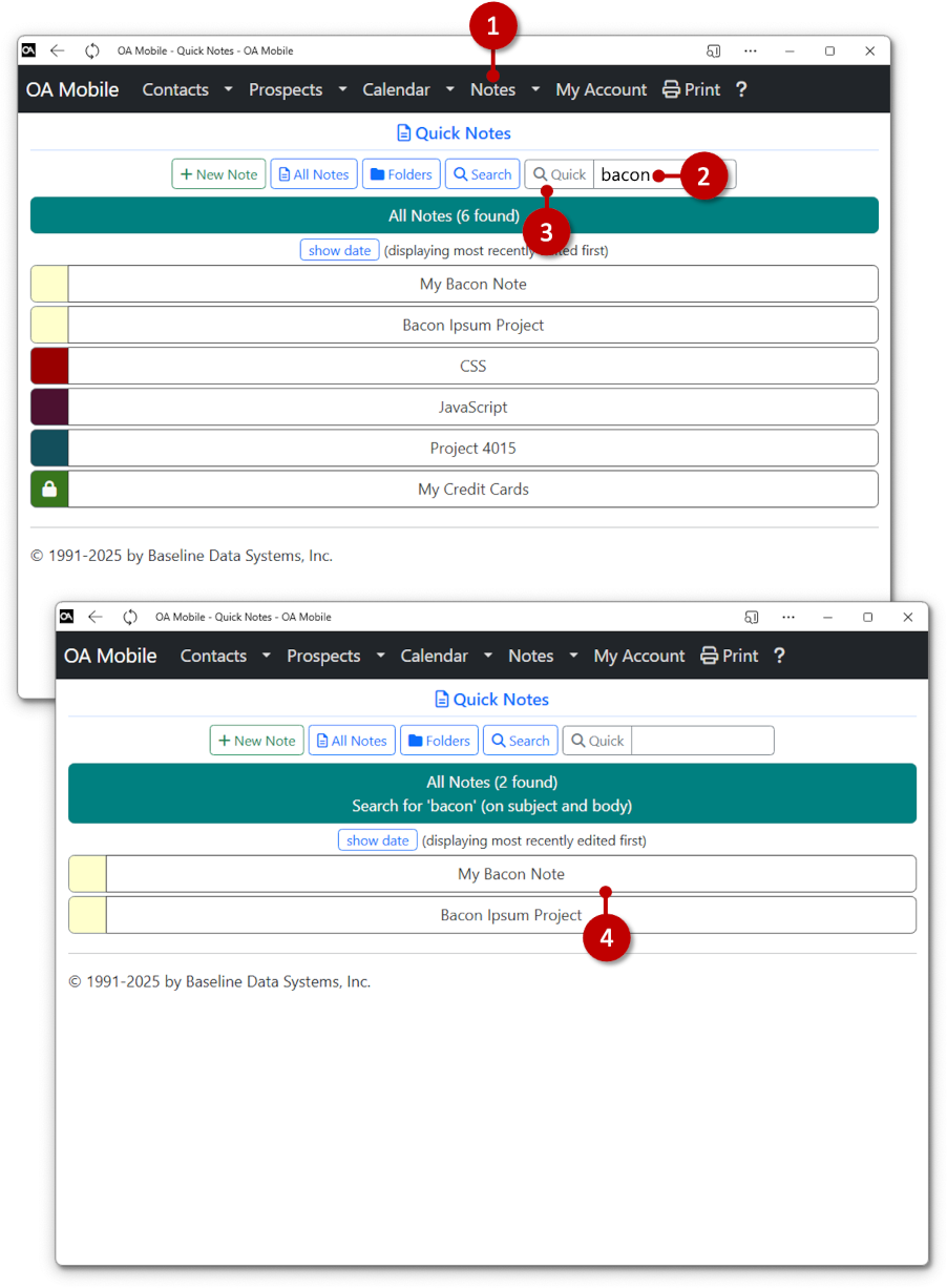 QuickNotes Quick Search - OA Mobile Notes