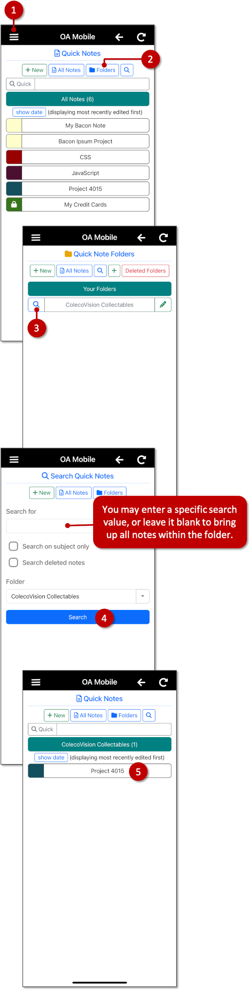 Search QuickNotes Folder - OA Mobile