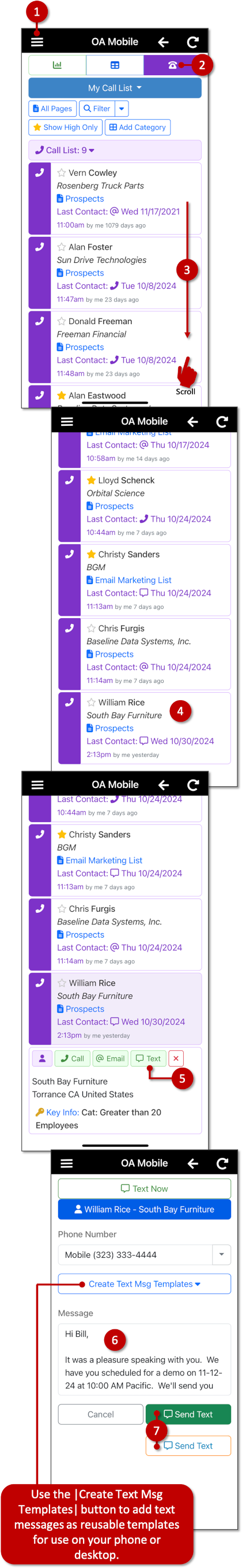 Send Text Message From Call List - OA Mobile